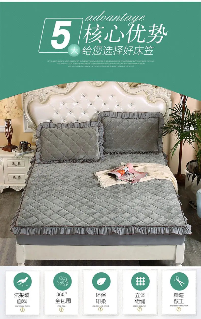 Fashion Flannel Bed Fitted Sheet Quilted Mattress Cover Soft and Comfortable Lace Fit Elastic Band Bed Sheet.