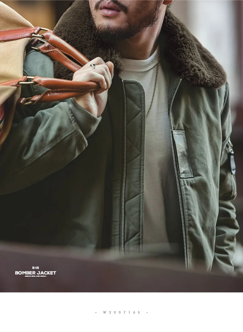 Maden Vintage B15 Bomber Jacket for Men Faux Rabbit Fur Lapel Signature Arm Pocket Winter Thickened Warm Windproof Coat Parkas.