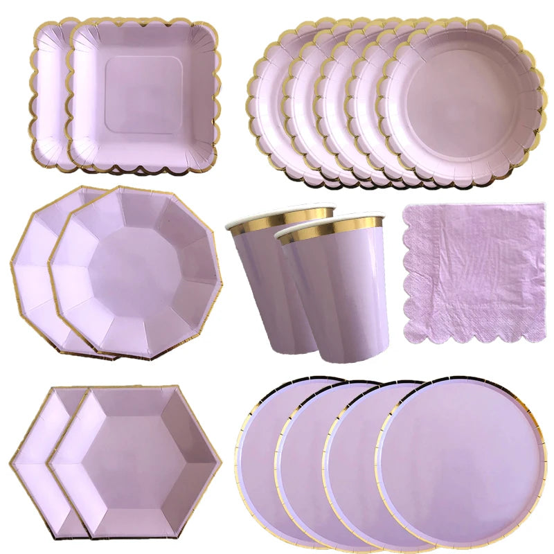 Gold Disposable Tableware Sets Purple Party Paper Cup Plates baby Shower  Birthday Party Supplies Carnival Wedding decor Favors.