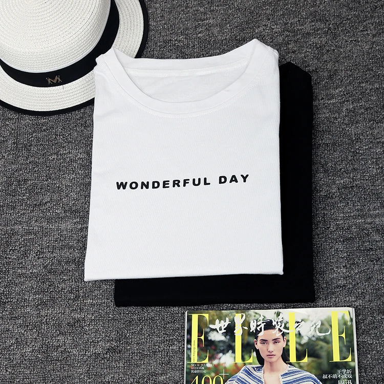 WONDERFUL DAY Print Long T shirts Summer Women Loose Slit Femme Tops  Tshirt Short sleeve Ladies t-shirt.