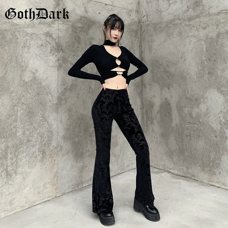 Goth Dark Vintage Floral Scratched Mall Gothic Pants Velvet High Waist Skinny Flare Trousers for Women Streetwear Cyber Y2K Pant