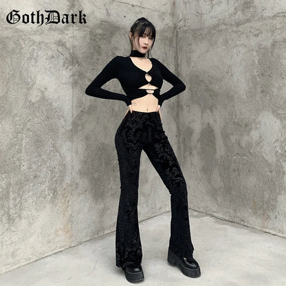 Goth Dark Vintage Floral Scratched Mall Gothic Pants Velvet High Waist Skinny Flare Trousers for Women Streetwear Cyber Y2K Pant