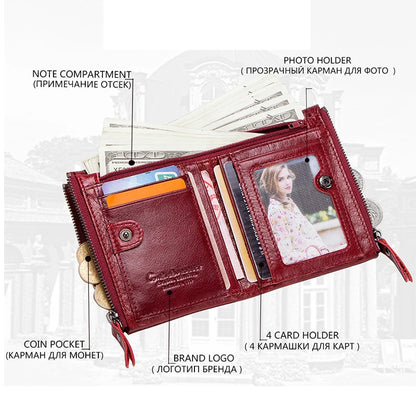 Fashion Genuine Leather Women Wallet Bi-fold Wallets Red ID Card Holder Coin Purse With Double Zipper Small Women's Purse 2022.
