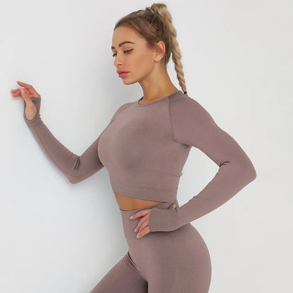 Seamless Athletic Crop Top Woman Sports T-shirts Yoga Top Knitted Shirt Long Sleeve Workout Tops For Women Fashion Gym Clothes