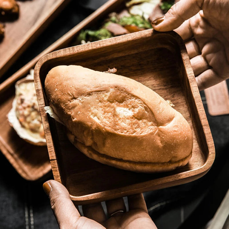 Acacia Wood Serving Tray Saucer Tea Tray Dessert Dinner Plate Tableware Set Japanese Snacks Food Rectangular Plate Storage Dish.