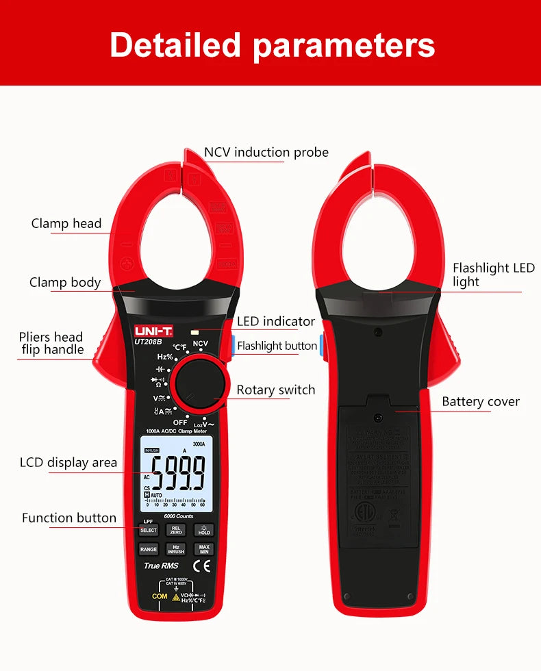 UNI-T Zangenmessgerät UT207B UT208B AC DC Amperometrische Zange Digitalmultimeter Amperemeter Zange Einschaltstrom Tester Werkstatt Werkzeuge