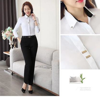 Fashion Clothes OL Women Long Sleeve Shirt Black White Slim Patchwork Sequined Cotton Blouse Office Ladies Formal Tops.