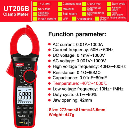 UNI-T Zangenmessgerät UT207B UT208B AC DC Amperometrische Zange Digitalmultimeter Amperemeter Zange Einschaltstrom Tester Werkstatt Werkzeuge