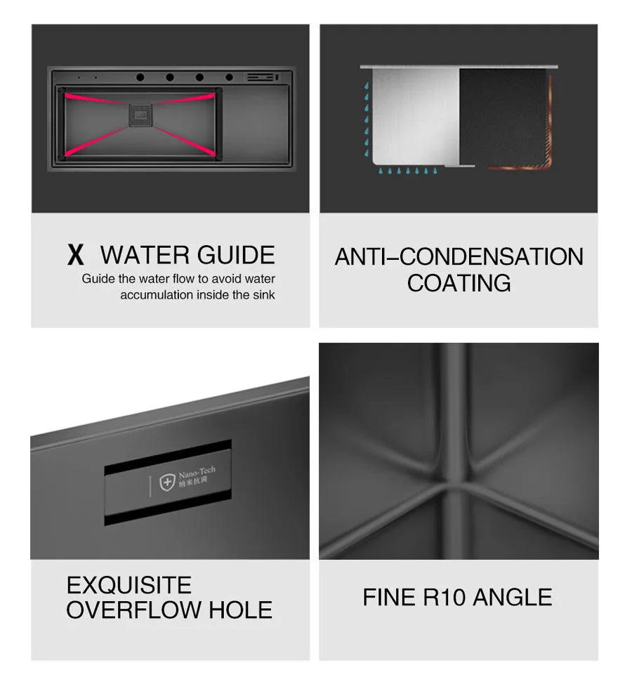 ASRAS New Nanometer Kitchen Sink Handmade Sink 4mm Thickness 240mm Depth Large Size Single Kitchen Sink With Drain Plate Sinks