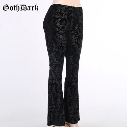 Goth Dark Vintage Floral Scratched Mall Gothic Pants Velvet High Waist Skinny Flare Trousers for Women Streetwear Cyber Y2K Pant.