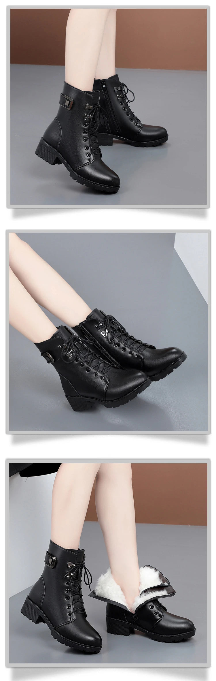 WOIZGIC Female Ladies Women Genuine Leather Ankle Boots Platform Winter Antumn Plush Fur Warm Shoes Plus Size Lace Up 35-43.