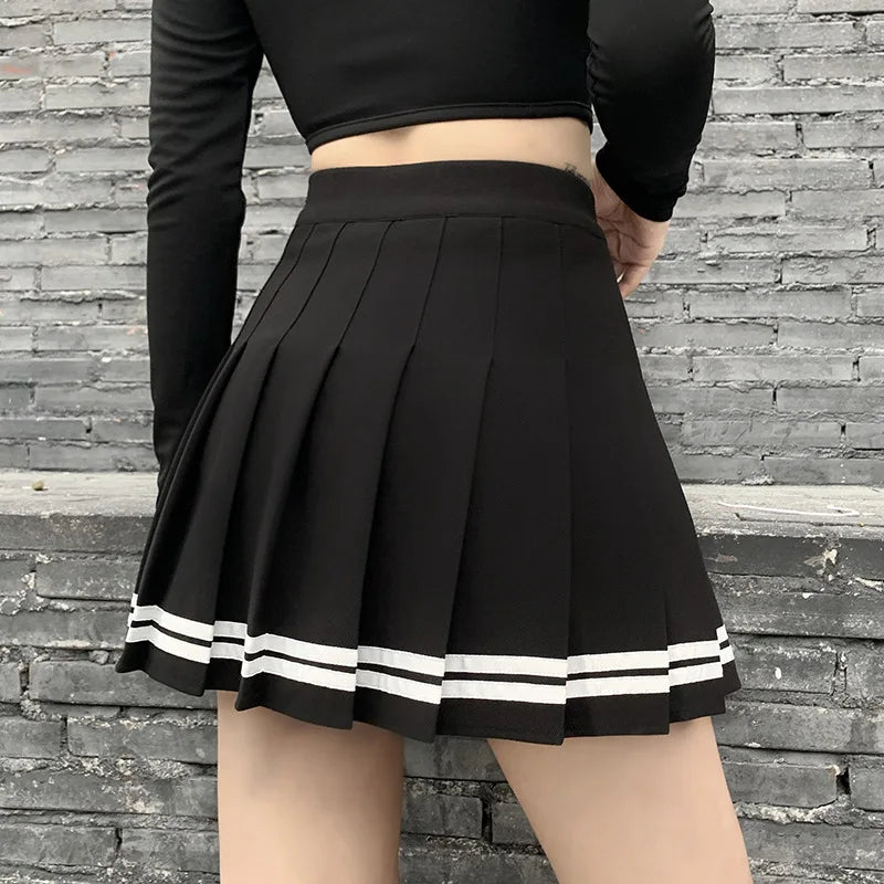 Vintage Korean Style Patchwork Skirt Harajuku JK Black Pleated Skirts Gothic Streetwear High Waist Mini Skirt Women Punk Skirt.