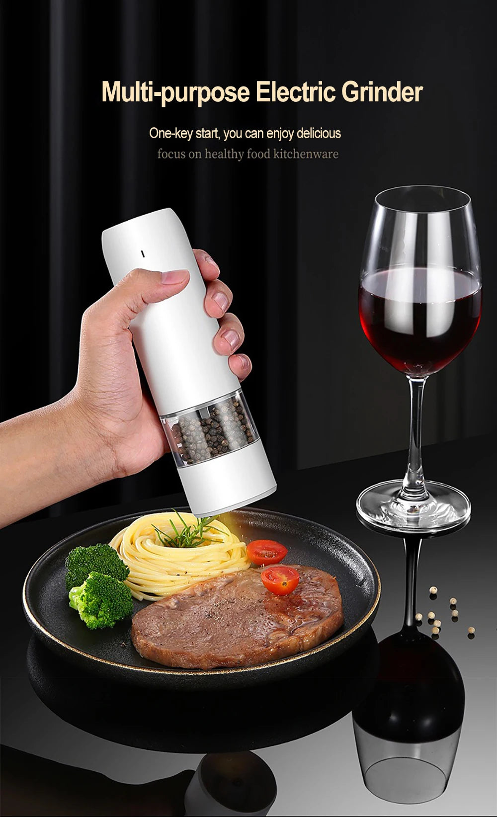 Electric Automatic Salt and Pepper Grinder Set Rechargeable With USB Gravity Spice Mill Adjustable Spices Grinder Kitchen Tools.
