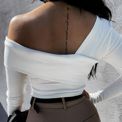 Women Autumn Winter T shirt Off Shoulder Oblique Neck Strapless Backless Long Sleeve Solid Color Ladies Slim Shirt femme.