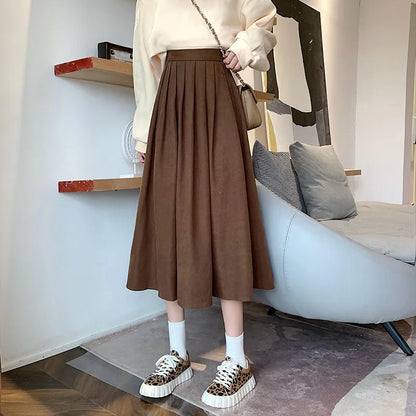 Lucyever Vintage Brown High Waist Pleated Skirt Women Korean Fashion College Style Long Skirt Ladies Autumn Casual A line Skirts.