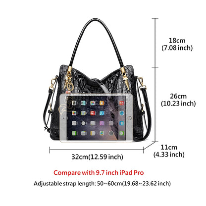 FOXER Women Natural Cow Leather Handbag Large Capacity Classic Black Genuine Leather Tote Lady Stylish Sequin Shoulder Bag.