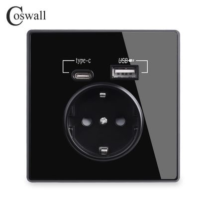 Coswall Typ-C-Schnittstellensteckdose, Vollspiegel, Kristallplatte, schwarze Wand, EU, Russland, Spanien, französische Standardsteckdose mit USB-Ladeanschluss.