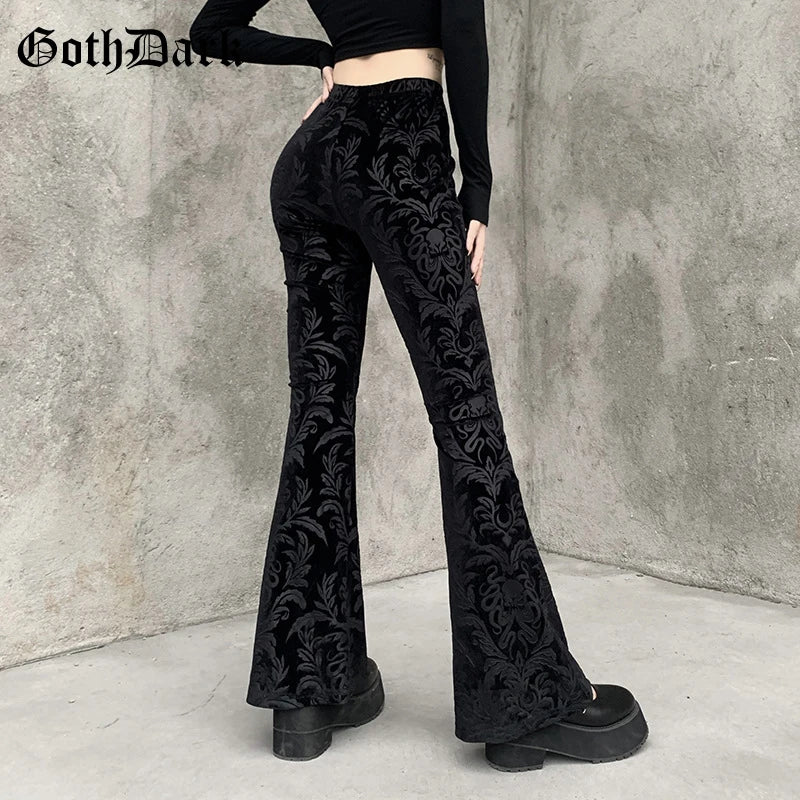 Goth Dark Vintage Floral Scratched Mall Gothic Pants Velvet High Waist Skinny Flare Trousers for Women Streetwear Cyber Y2K Pant