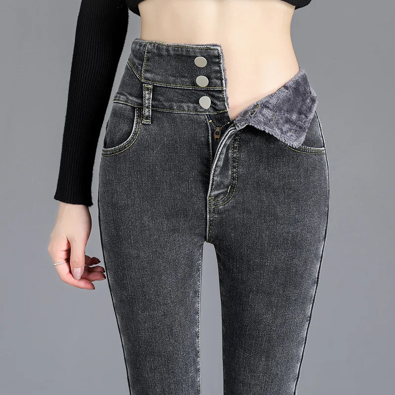 Thermische Winter Dicke Fleece High-taille Warme Dünne Jeans Dicke Frauen Stretch Taste Bleistift Hosen Mom Casual Samt Jeans.