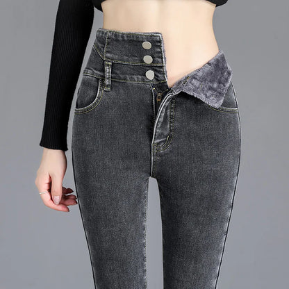 Thermische Winter Dicke Fleece High-taille Warme Dünne Jeans Dicke Frauen Stretch Taste Bleistift Hosen Mom Casual Samt Jeans.