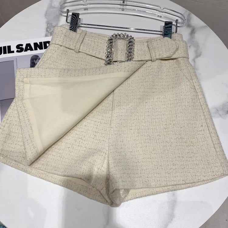 2022 Spring Autumn New shiny sequins Plaid Shorts with Belt for Lady Rhinestone Bright Silk Tweed Folding Short Boots Women.