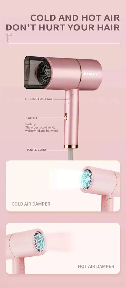 Kemei Professional Blow Dryer Negative Ion Smoother Hair Care Fast Drying Foldable Portable Pink Hair Dryer Home Travel Salon