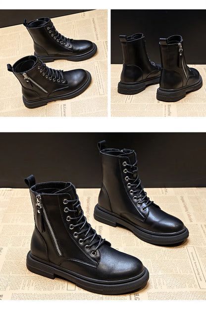 WOIZGIC Women's Ladies Genuine Leather Female Shoes Ankle Boots Platform Lace Up Warm Winter Autumn Fur Plush Motorcycle.