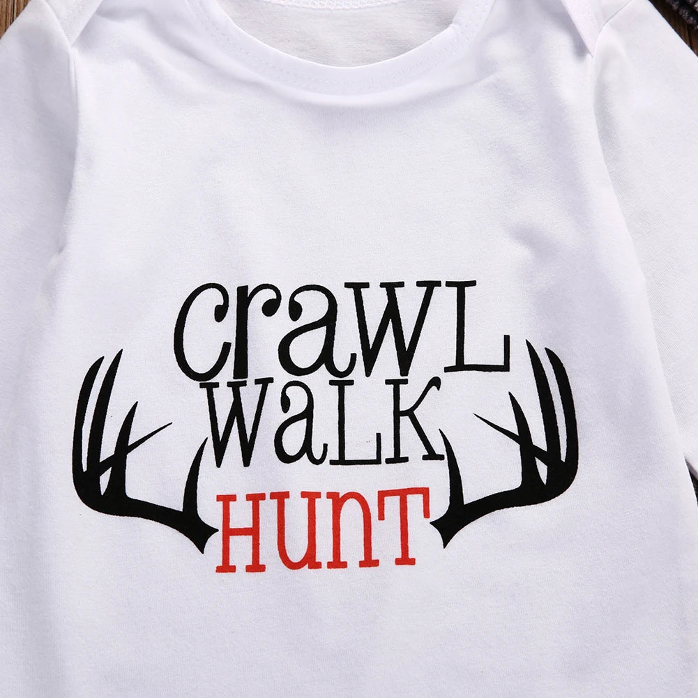 3PCS Crawl Walk Hunt Neugeborenen Baby Jungen Strampler Tops Hosen Hut Outfits Set Kleidung Unterstützung Großhandel.