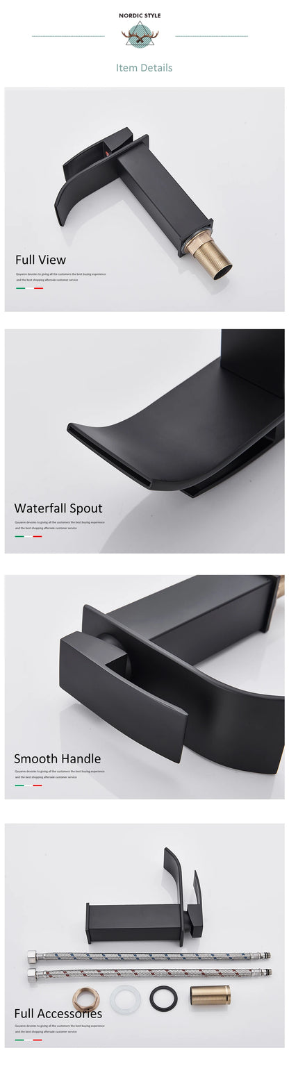 Quyanre Matte Black Waterfall Basin Faucet Single Handle Mixer Hot Cold Water Basin Crane Tap For Bathroom Wash Basin Mixer Tap