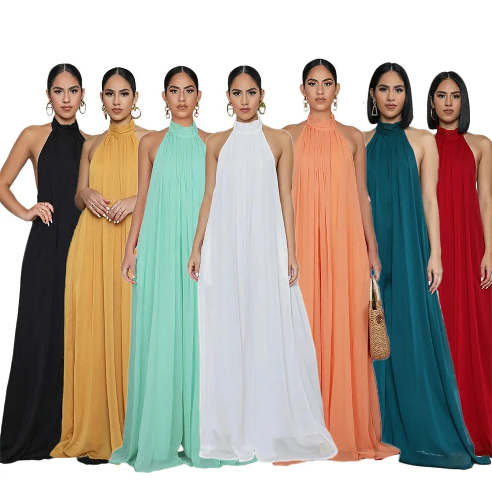 Women Fashion New Loose Sleeveless Solid Color Halter Sexy Backless Wide Leg Long Pants Lady Siamese Trousers Casual Jumpsuit.