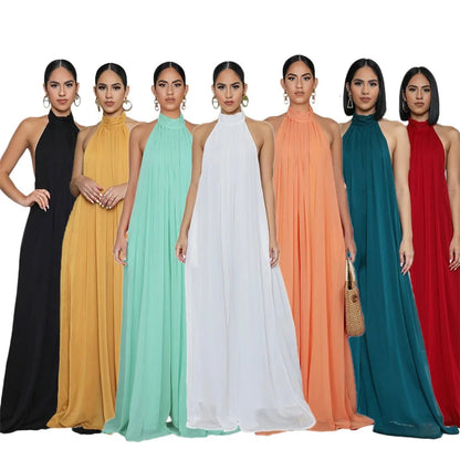 Women Fashion New Loose Sleeveless Solid Color Halter Sexy Backless Wide Leg Long Pants Lady Siamese Trousers Casual Jumpsuit.