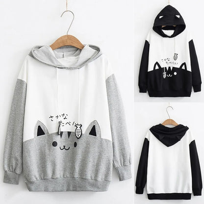 Spring Ladies Long Sleeve Cat Sweatshirt Womens Casual Kitty Cat Print Pocket Thin Hoodie Blouse Top Shirt худи женское платье.