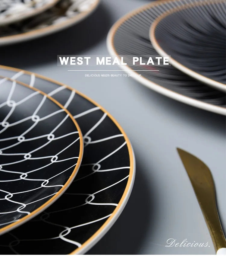 Geometric Design Gold Plating Meal Plate Porcelain Kitchen Dinner Plates Ceramics Food Tray Salad Dish 6/8/10 Inch 1Pcs.