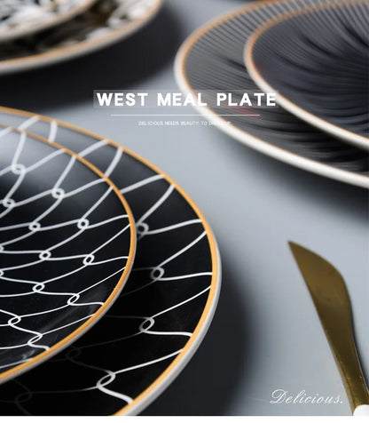 Geometric Design Gold Plating Meal Plate Porcelain Kitchen Dinner Plates Ceramics Food Tray Salad Dish 6/8/10 Inch 1Pcs.