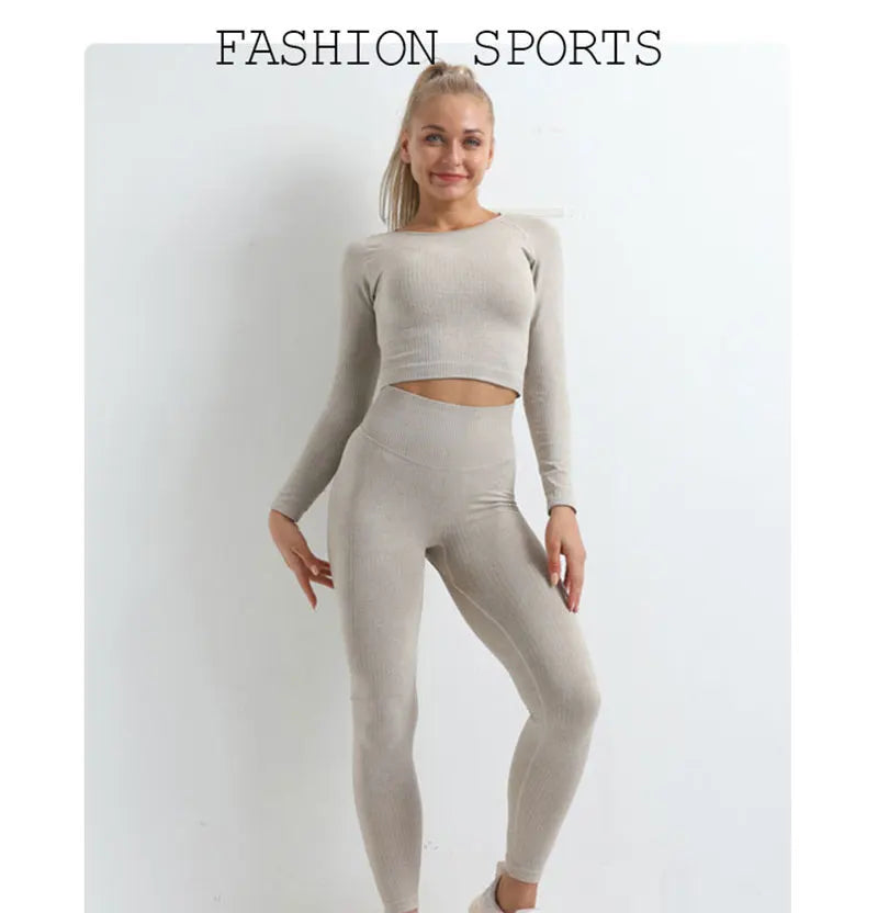 Women Seamless Fitness Yoga Suit Knitt Workout Long Sleeve Crop Top Sports Bra High Waist Running Leggings Gym Clothing 2/3Pcs.