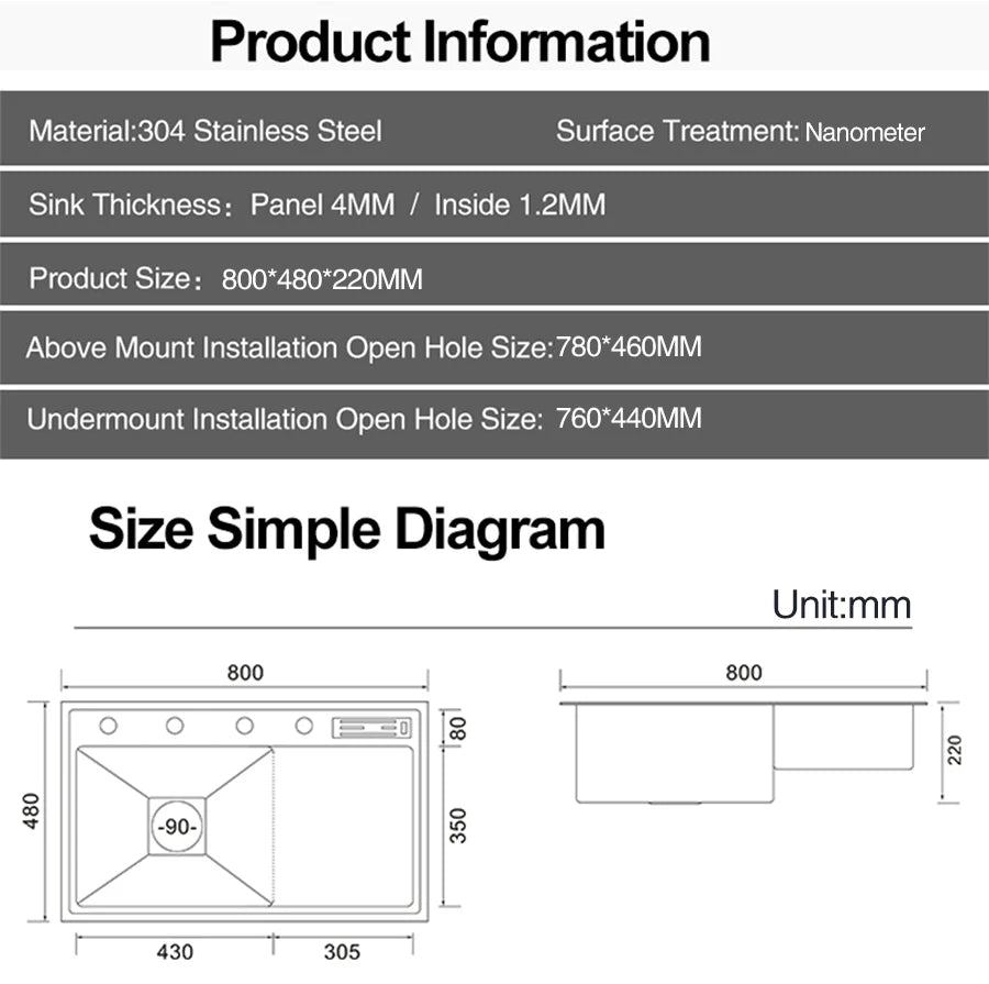 ASRAS Nanometer Handmade Sinks 4mm Thickness 220mm Depth SUS 304 Stainless Steel Luxury Stepped Kitchen Sinks