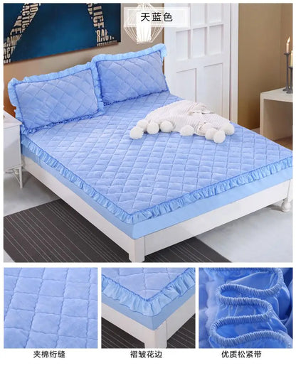 Fashion Flannel Bed Fitted Sheet Quilted Mattress Cover Soft and Comfortable Lace Fit Elastic Band Bed Sheet