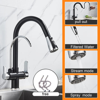 Matte Black Pure Water Filter Kitchen Faucet Dual Handle Hot and Cold Drinking Water Pull Out  Kitchen Mixer Taps