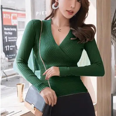 Kurze Grundlegende Pullover Frauen 2023 Sexy Tiefem V-ausschnitt Pullover frauen Pullover Schlank Bodenbildung Pullover Weibliche Elastische Baumwolle Tops