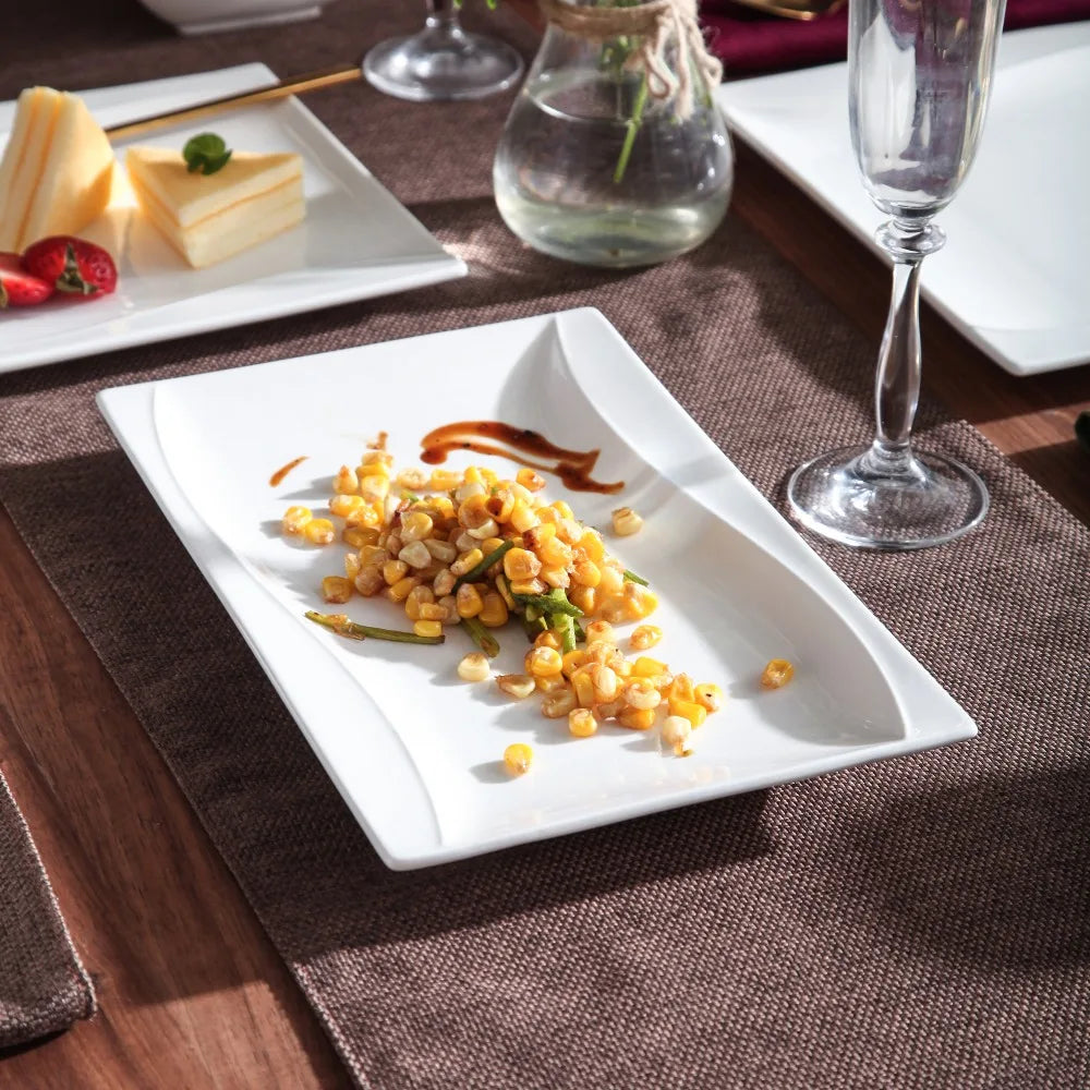 MALACASA Carina 2-Piece Ivory White Porcelain Dinner Plate Set Tableware Fruit Snack Dishes with 11" & 13.25" Rectangular Plate.