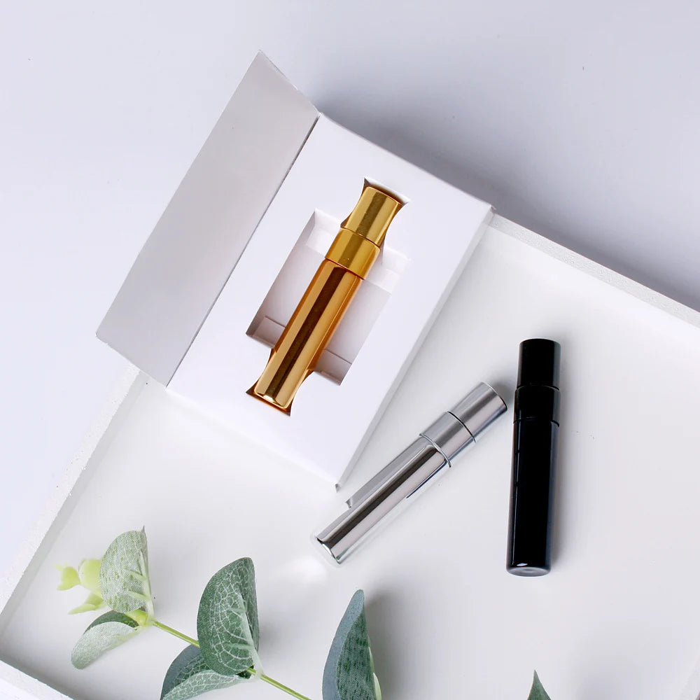 100 PCS/Lot 5ml Mini Perfume Bottle Aluminium Spray Atomizer Bottles Sample Empty Gold Silver Black Glass Vials.