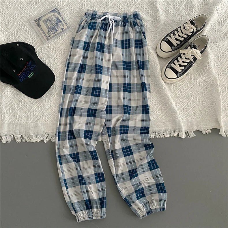 Hosen Frauen Neue Haufen füße Mode Lose Schwarz Plaid Sommer Harajuku Studenten Streetwear Harem Lange Hosen Frauen Chic