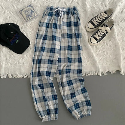Hosen Frauen Neue Haufen füße Mode Lose Schwarz Plaid Sommer Harajuku Studenten Streetwear Harem Lange Hosen Frauen Chic
