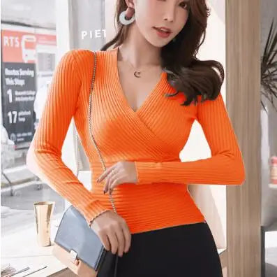 Kurze Grundlegende Pullover Frauen 2023 Sexy Tiefem V-ausschnitt Pullover frauen Pullover Schlank Bodenbildung Pullover Weibliche Elastische Baumwolle Tops