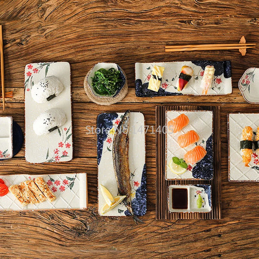Japanese Style Set Tableware Cuisine Restaurant Commercial Retro Plate Rectangular Ceramic Net Red Tray Sushi Plate Dish.