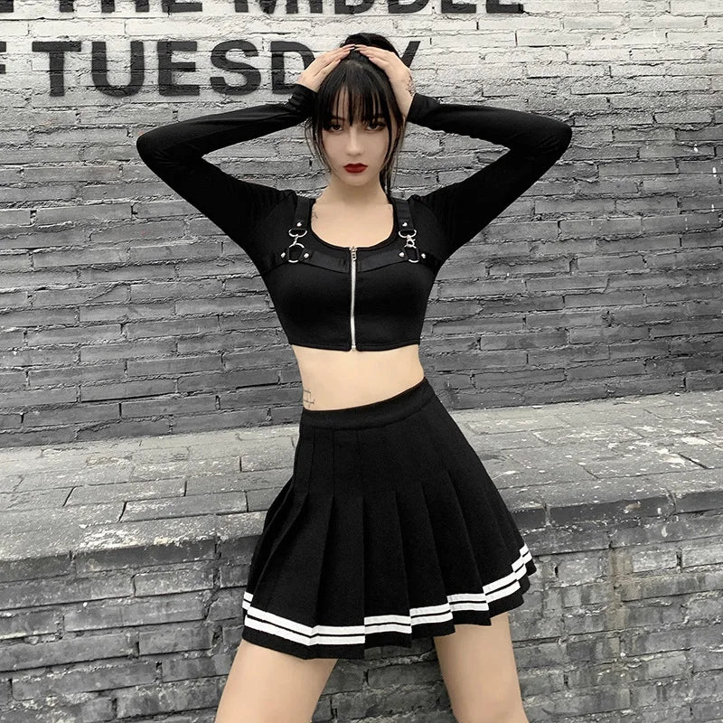 Vintage Korean Style Patchwork Skirt Harajuku JK Black Pleated Skirts Gothic Streetwear High Waist Mini Skirt Women Punk Skirt.
