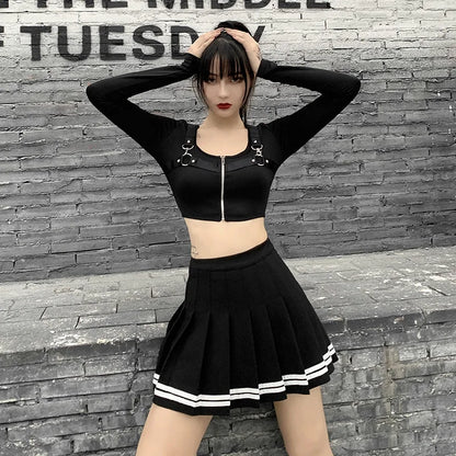 Vintage Korean Style Patchwork Skirt Harajuku JK Black Pleated Skirts Gothic Streetwear High Waist Mini Skirt Women Punk Skirt.