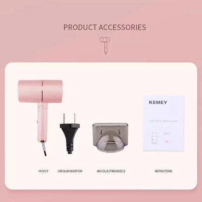 Kemei Professional Blow Dryer Negative Ion Smoother Hair Care Fast Drying Foldable Portable Pink Hair Dryer Home Travel Salon