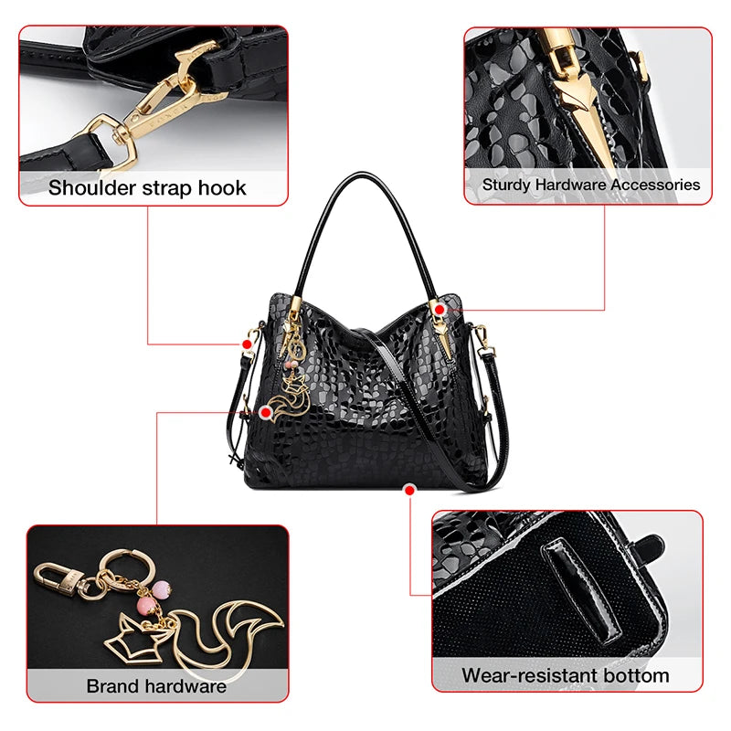 FOXER Women Natural Cow Leather Handbag Large Capacity Classic Black Genuine Leather Tote Lady Stylish Sequin Shoulder Bag.