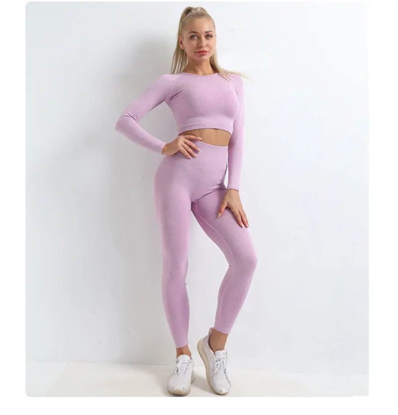 Women Seamless Fitness Yoga Suit Knitt Workout Long Sleeve Crop Top Sports Bra High Waist Running Leggings Gym Clothing 2/3Pcs.